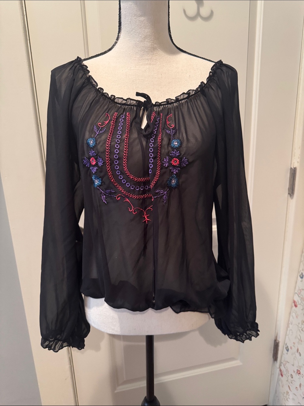 Black Sheer Long-Sleeve Embroidered Peasant Top